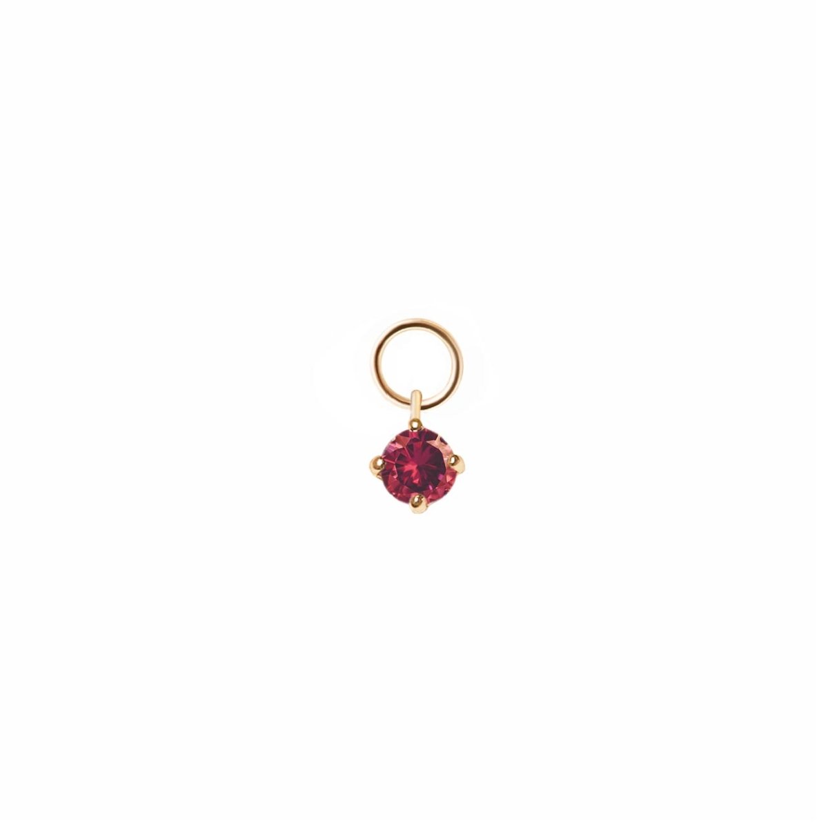 14K gold tiny ruby earring charm with a round red stone in a prong setting, on a white background