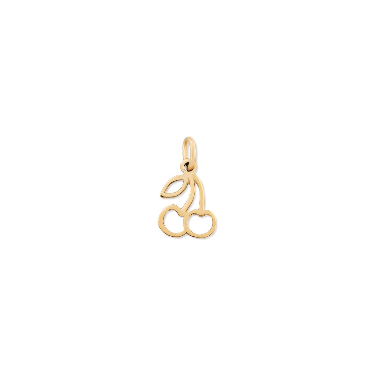 14K gold open cherry charm pendant with a jump ring, on a white background