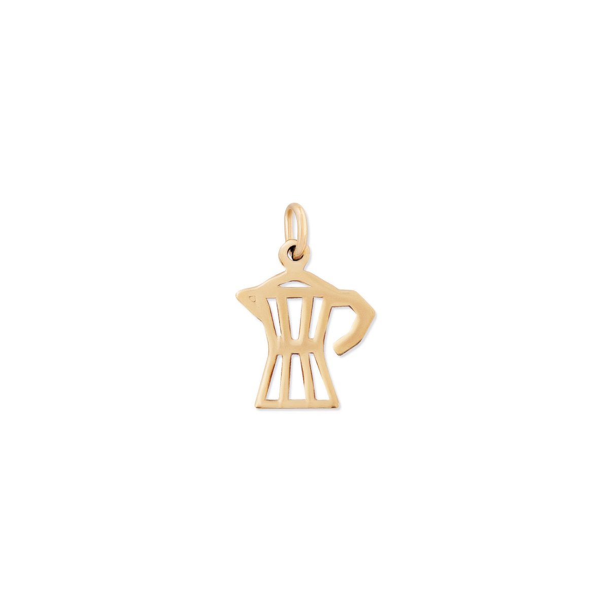 14K gold openwork moka coffee-pot charm pendant with a jump ring, on a white background