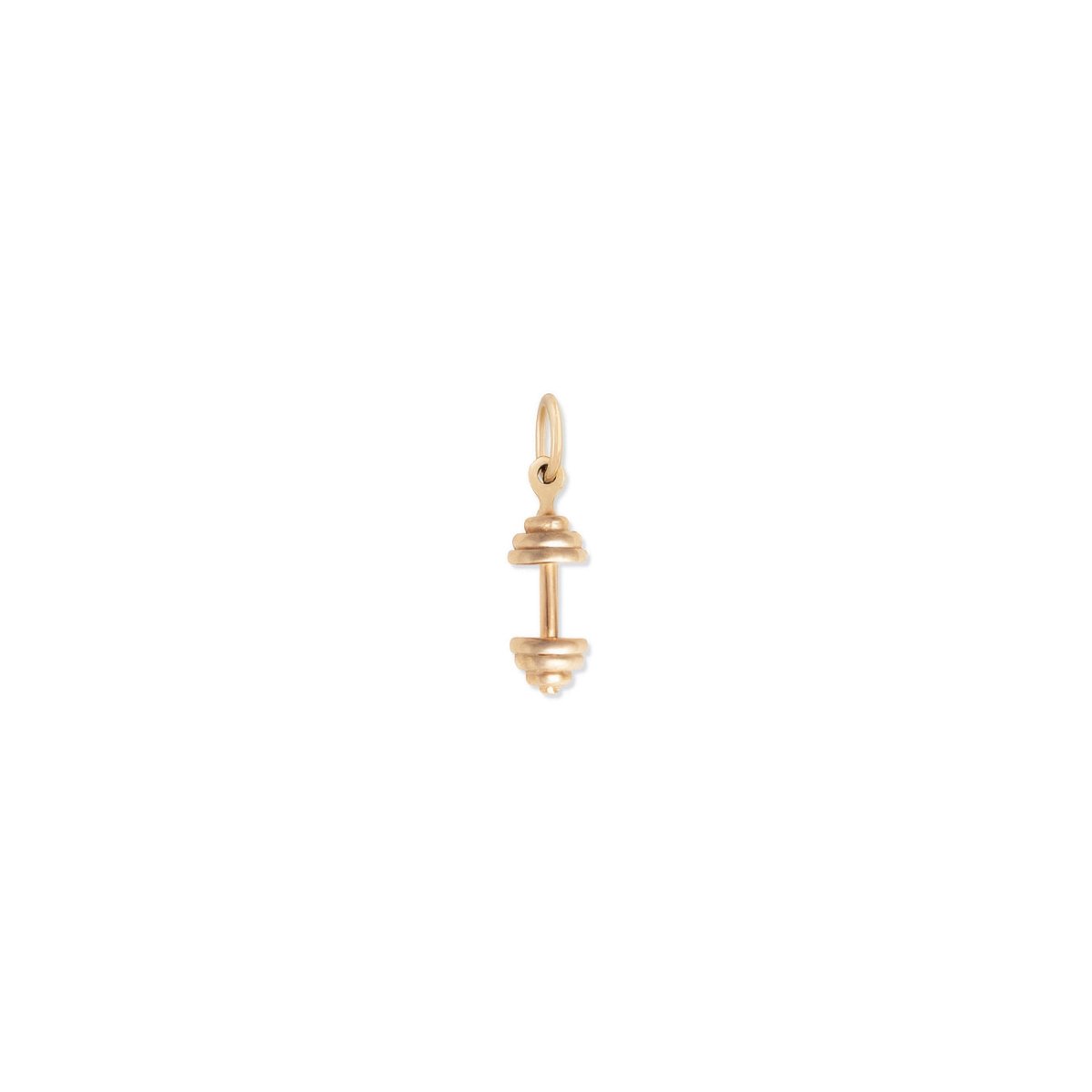 14K gold mini dumbbell charm with a hanging loop, on a white background