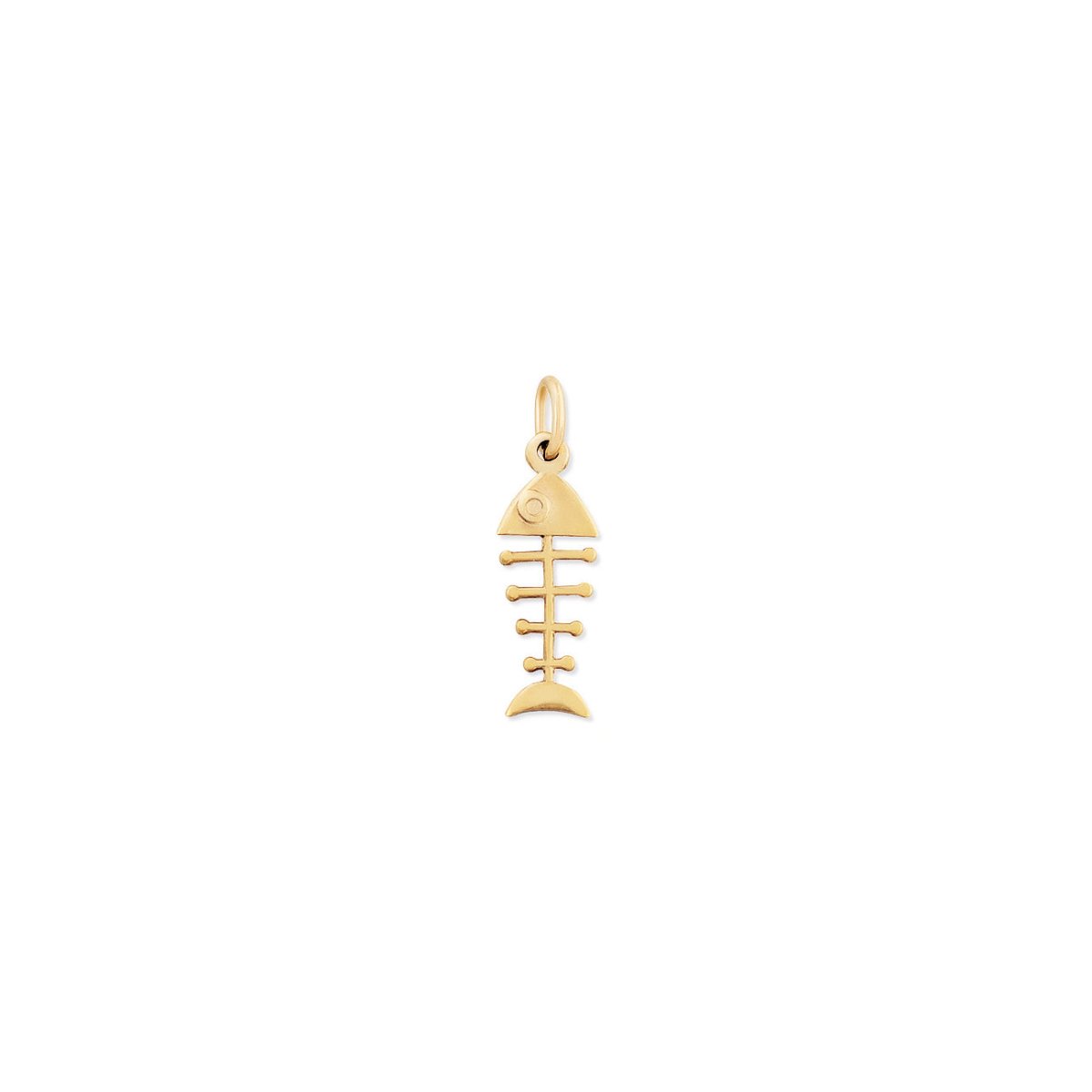 14K gold fishbone charm pendant with a jump ring, on a white background