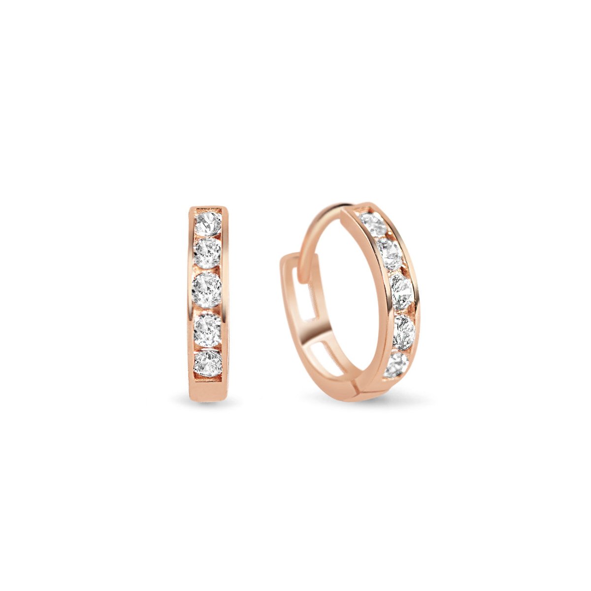Rose gold vermeil channel-set huggie hoops with round clear cubic zirconia, on a white background