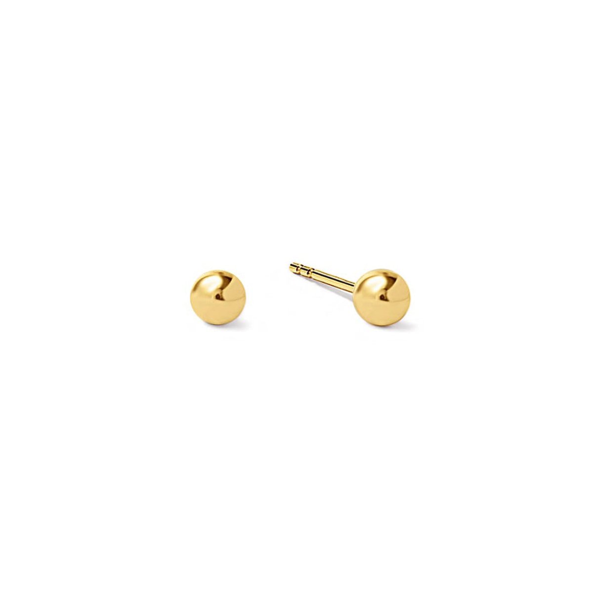 Pair of gold-filled tiny ball studs, front and side view, on a white background