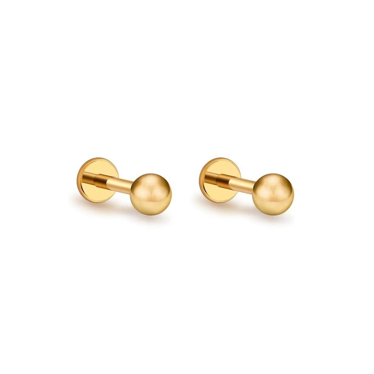 Pair of gold titanium tiny sphere flat back studs with screw backs, on a white background