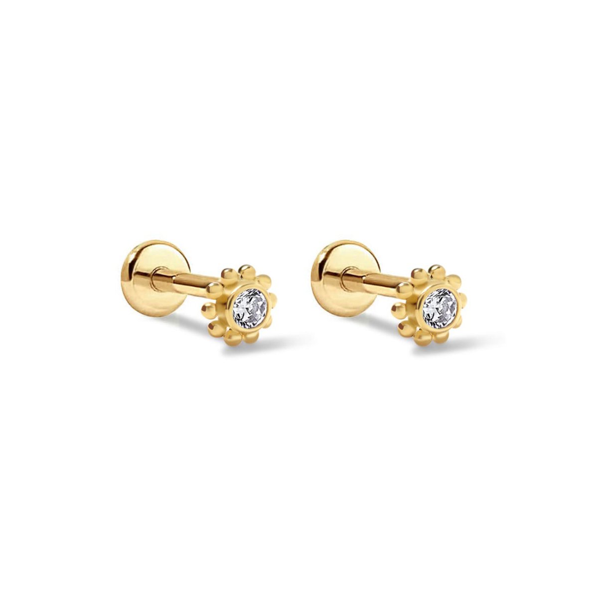 Gold titanium flat back beaded halo studs with round clear stones, on a white background