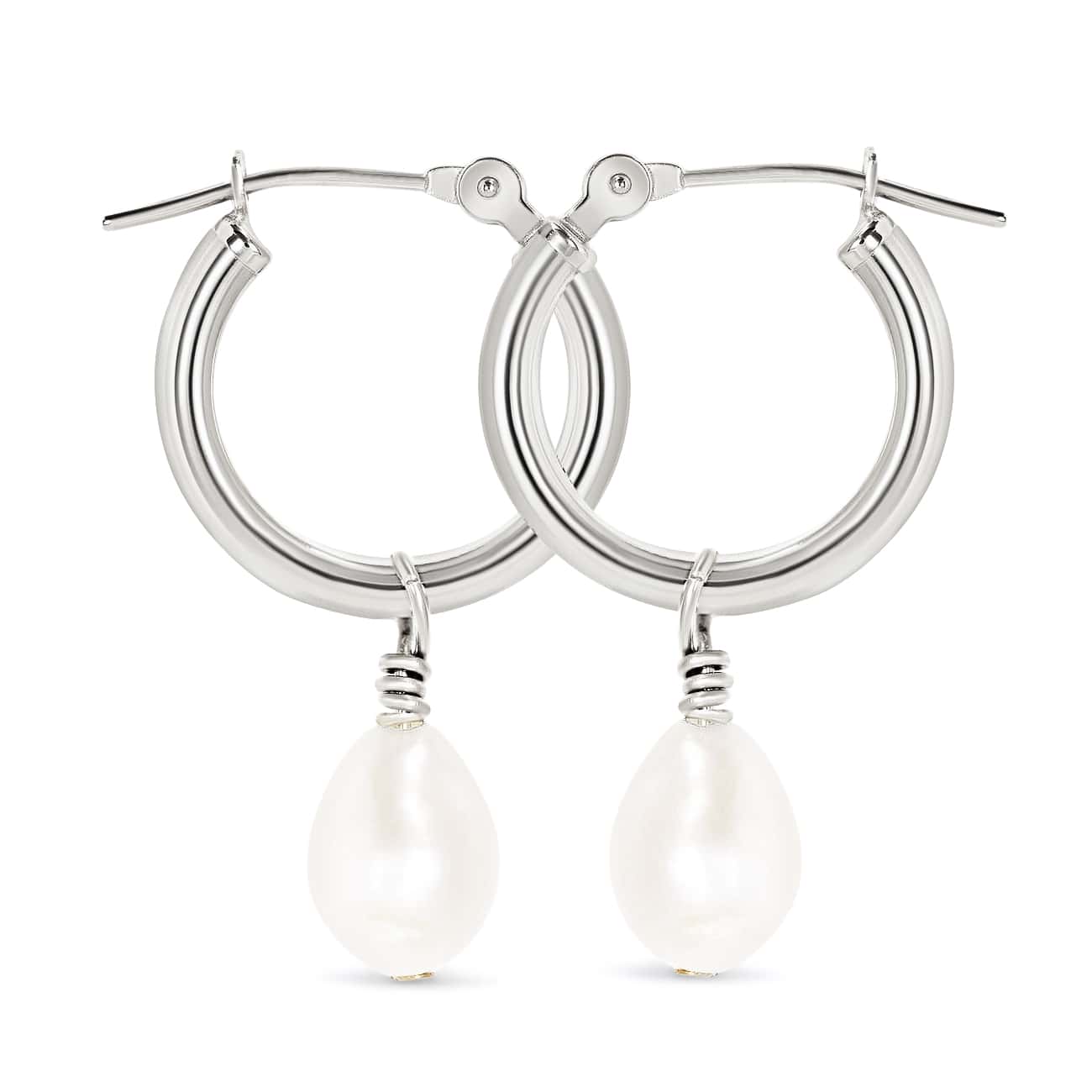 Sterling silver thick huggie hoops with a dangling white teardrop pearl, on a white background