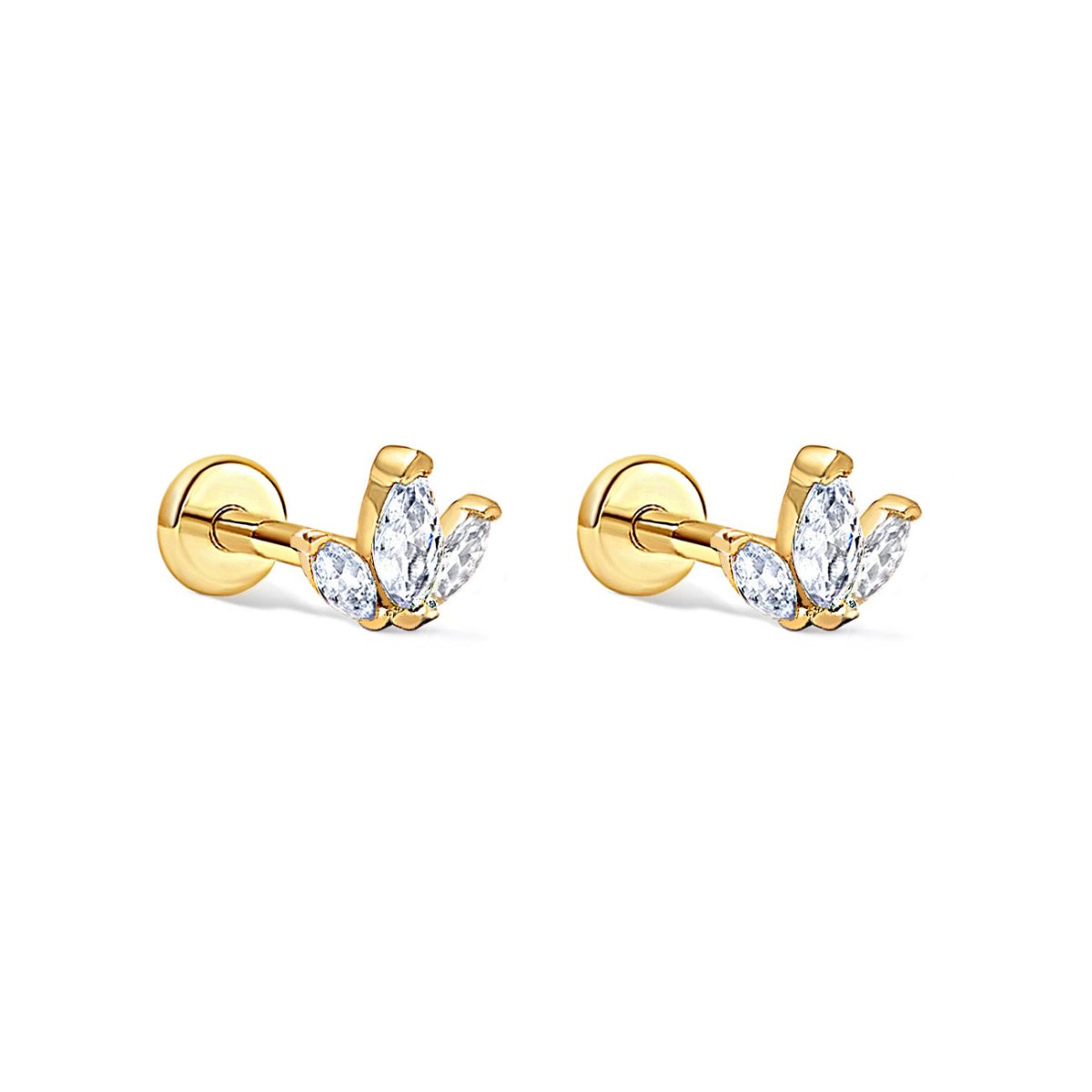 Gold vermeil trio marquise flat back stud earrings, on a white background