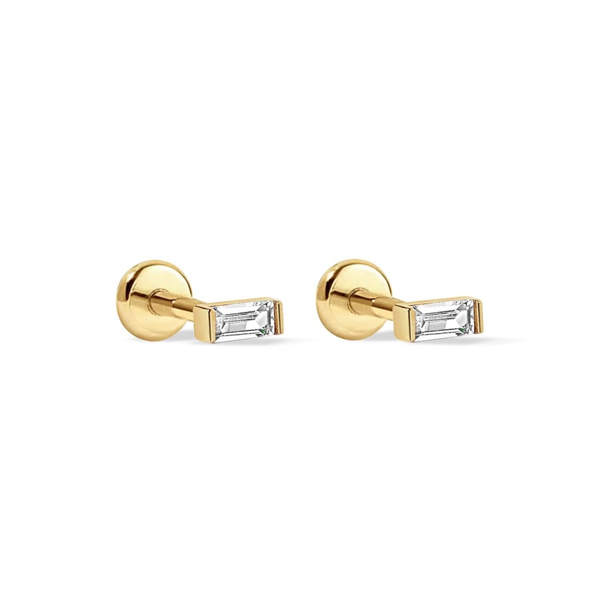 Gold vermeil baguette flat back studs with clear baguette stones, shown as a pair on a white background