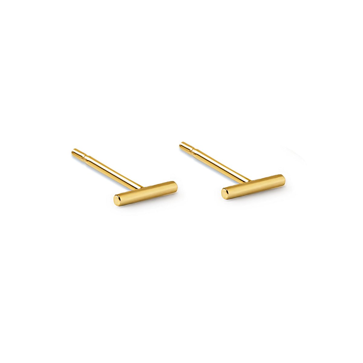 Pair of gold vermeil thin bar stud earrings with post backs, on a white background