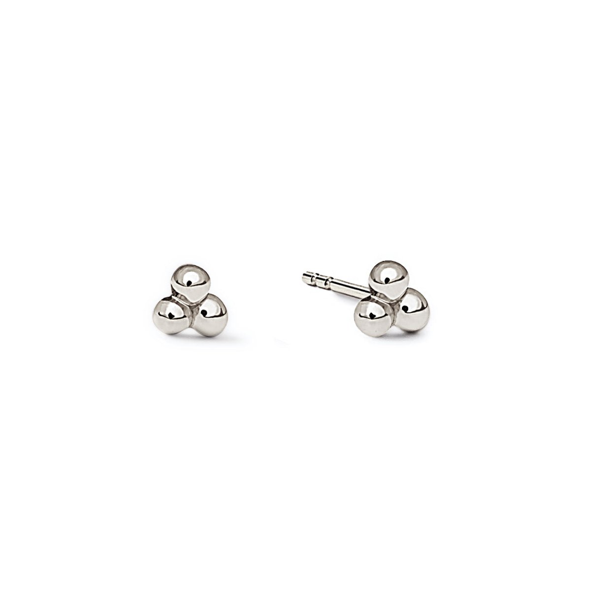 Pair of sterling silver tiny three-ball cluster studs, front and side angle, on a white background