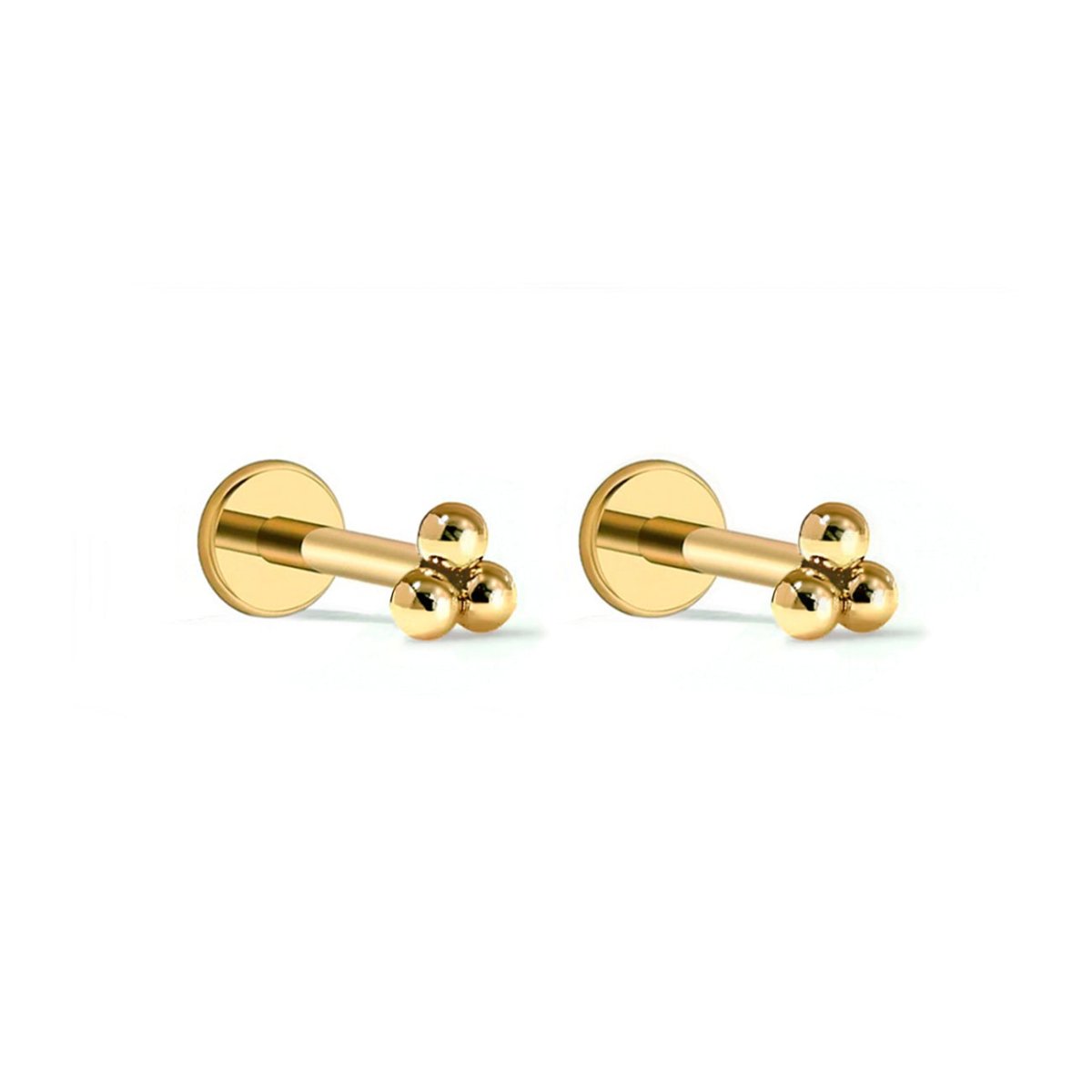 Pair of gold vermeil trinity-bead flat back studs with screw posts, on a white background