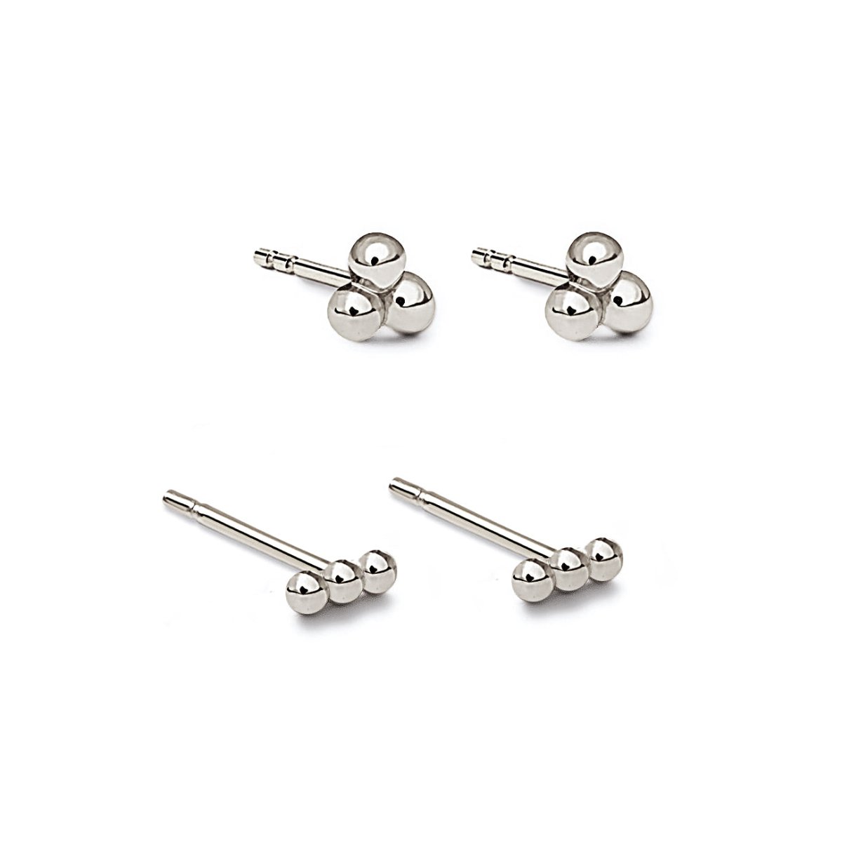 Sterling silver tiny trio-ball cluster studs and three-bead bar studs, on a white background