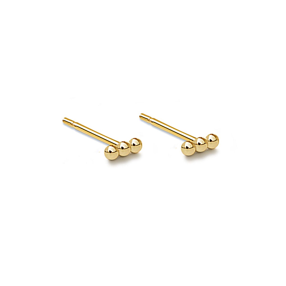 Gold vermeil tiny three-bead bar studs, on a white background
