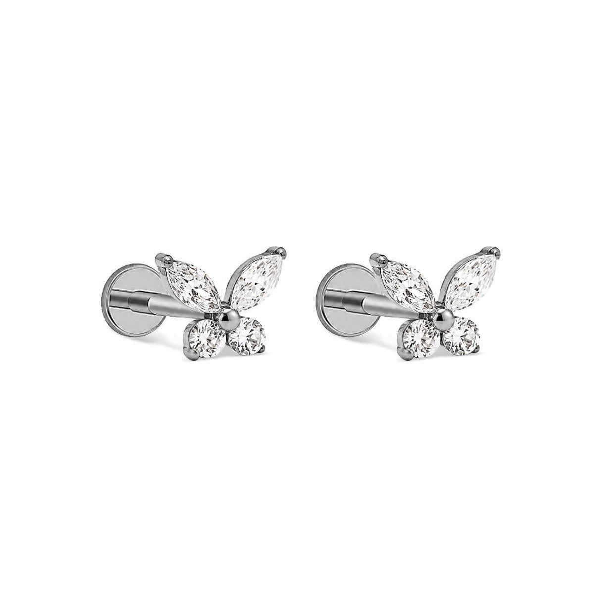 Titanium crystal butterfly flat back stud earrings, on a white background