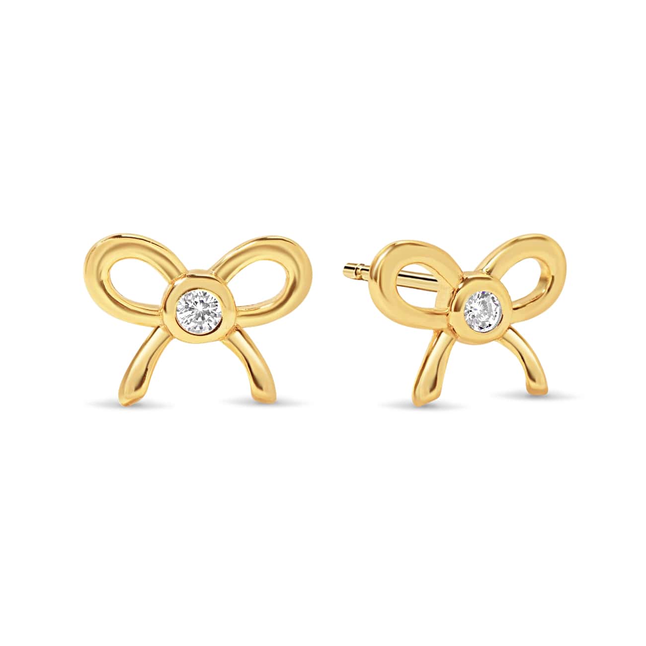 Gold vermeil bow stud earrings with a clear bezel-set stone, front and side, on a white background