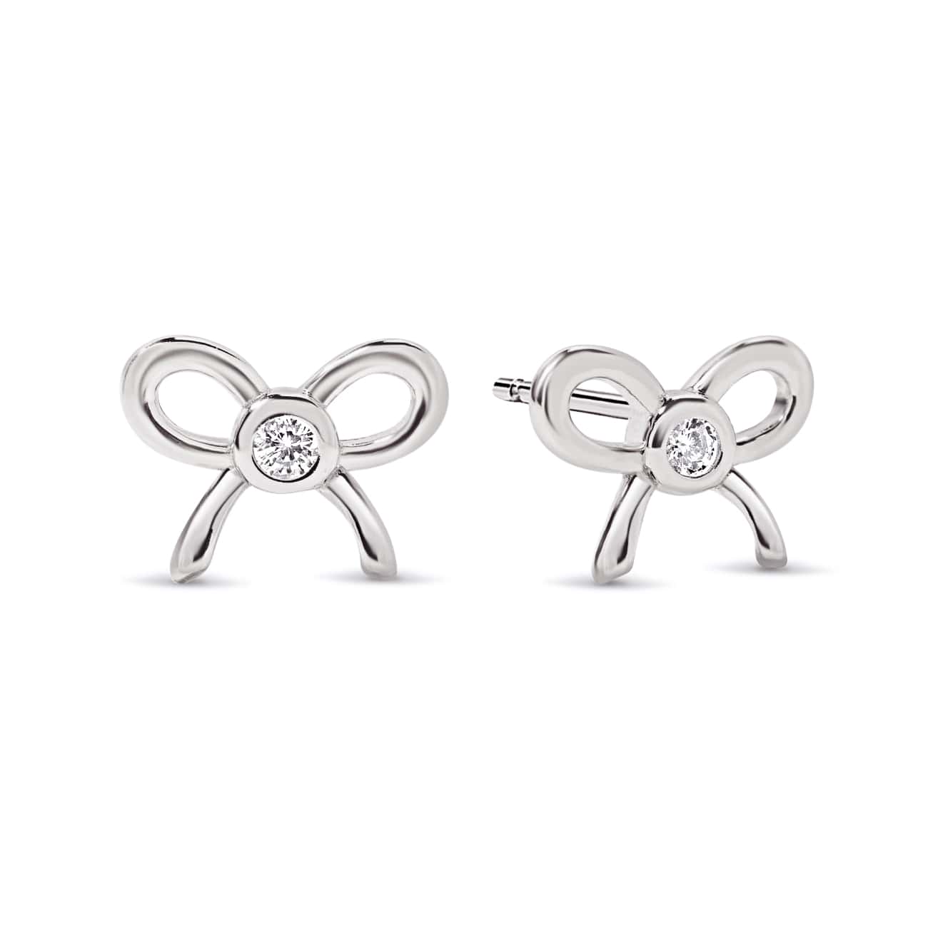 Sterling silver bow stud earrings with a clear bezel-set stone, front and side, on a white background