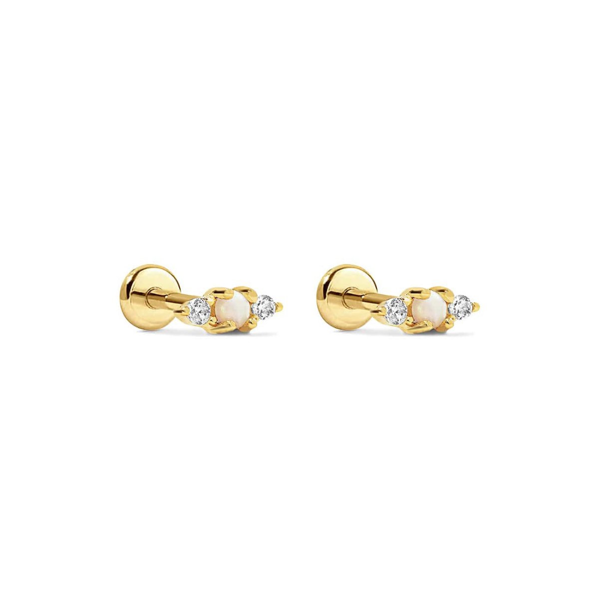 Pair of gold vermeil flat back studs with a white opal and clear stones, on a white background