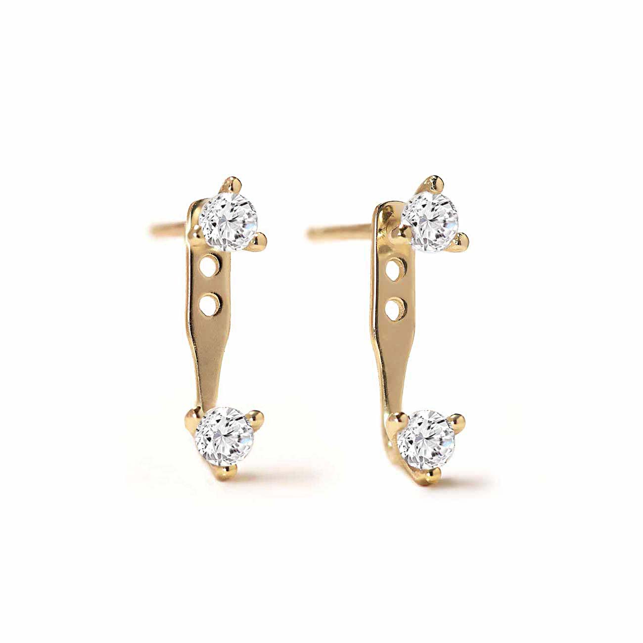 Gold vermeil earring jacket studs with two round clear stones each, on a white background