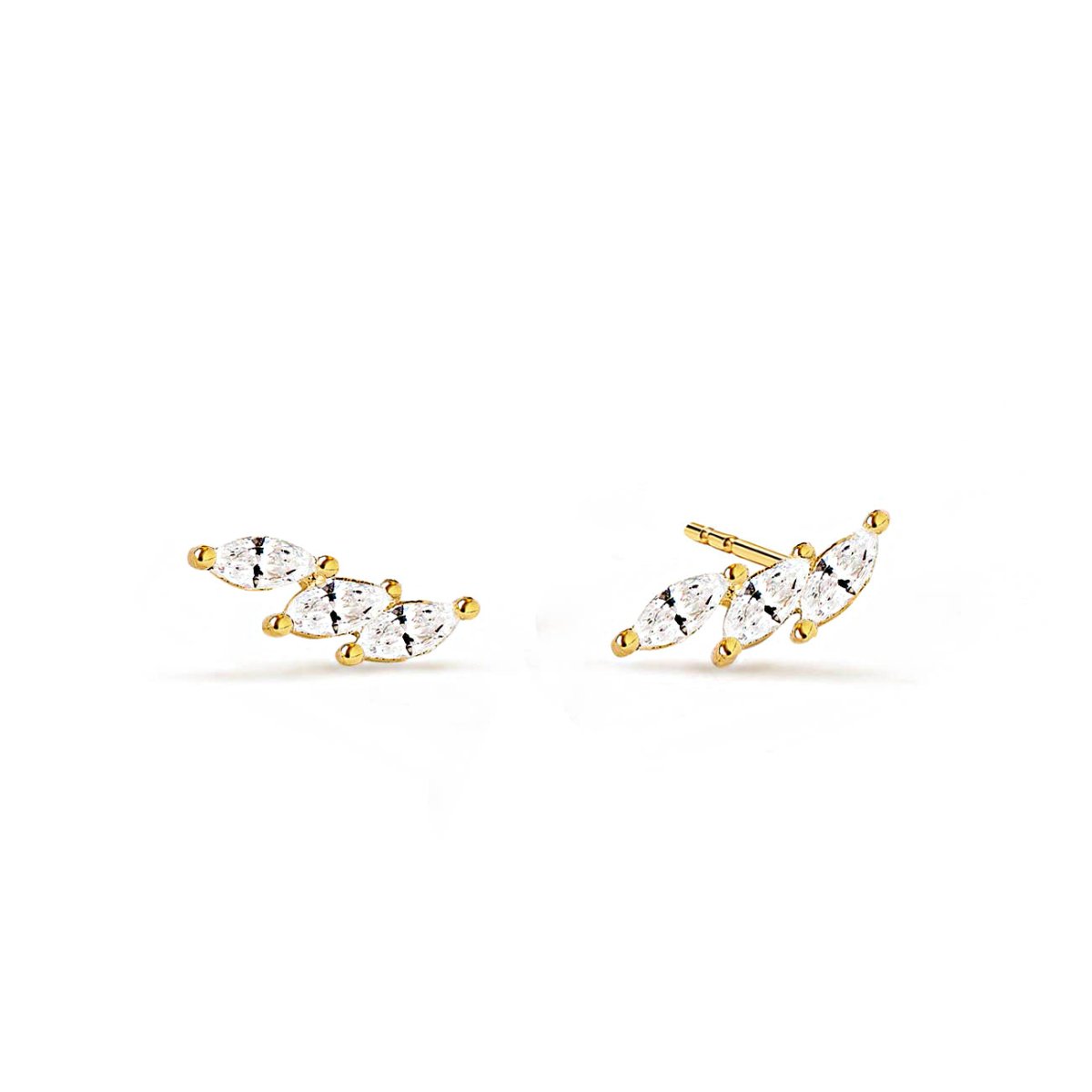 Pair of gold vermeil curved studs with marquise white zirconia stones, on a white background