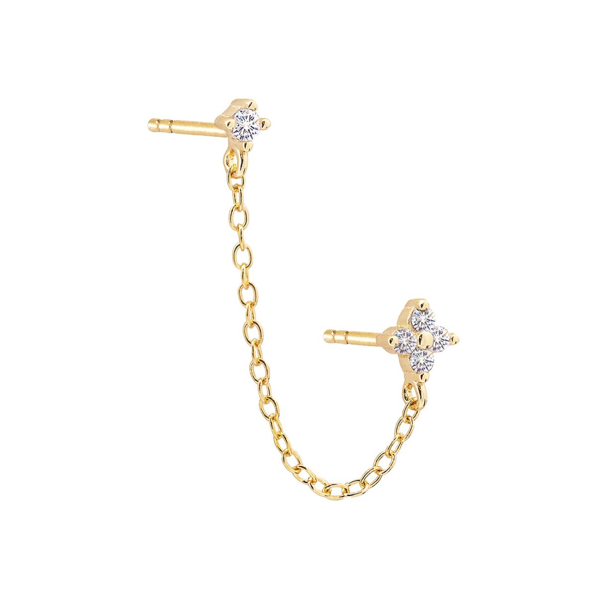 Gold vermeil pavé chain studs set with clear stones, linked by a chain, on a white background