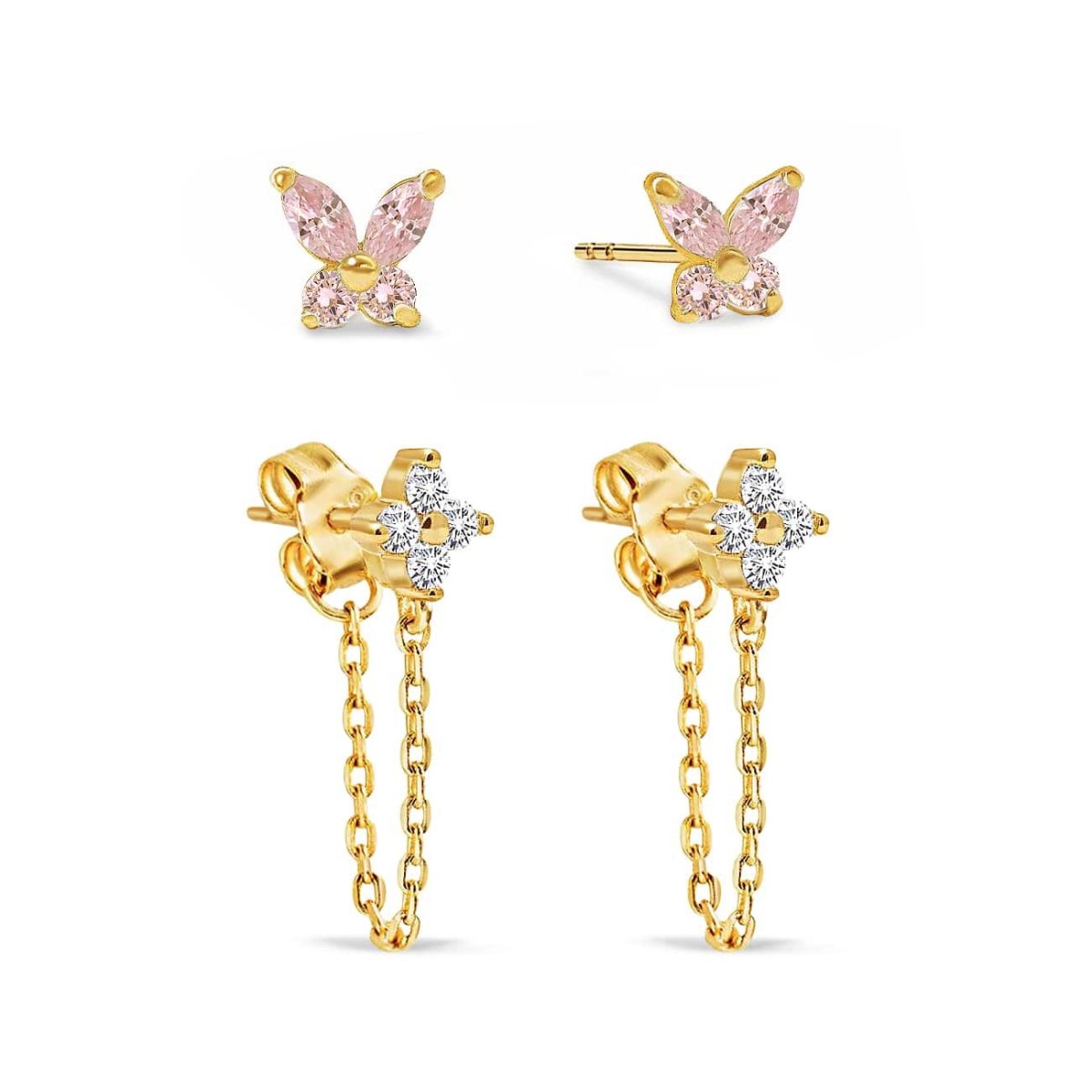 Gold vermeil butterfly and clear-stone chain studs set with pink sapphire stones, on a white background