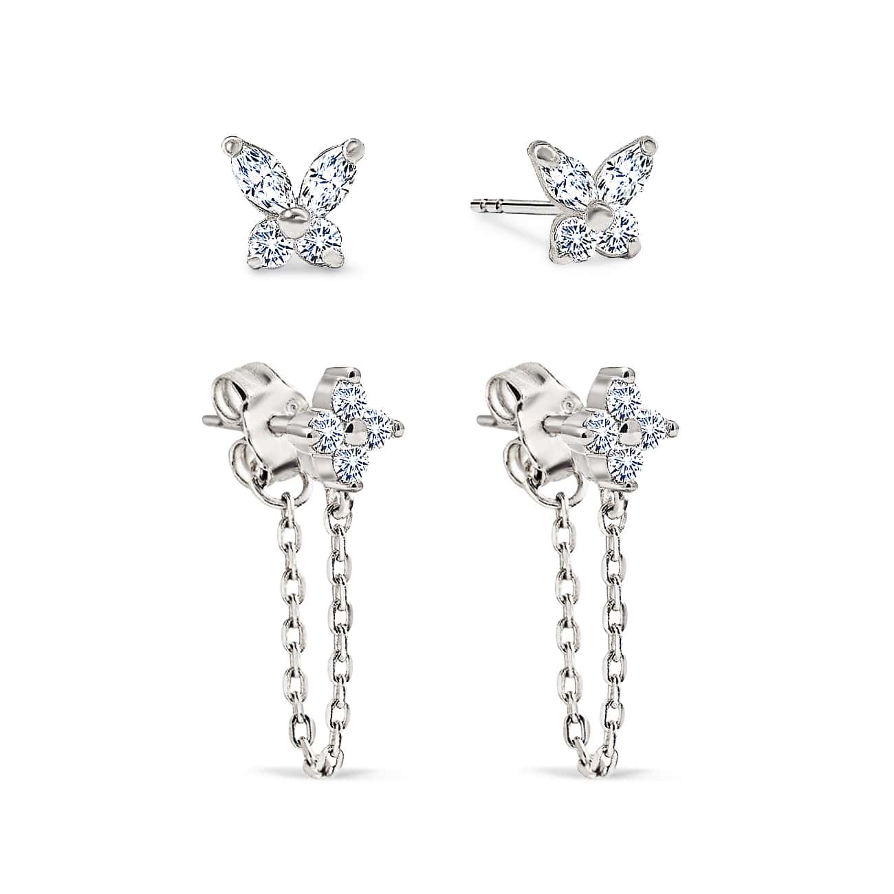 Sterling silver butterfly and flower chain studs set with clear white zirconia stones, on a white background