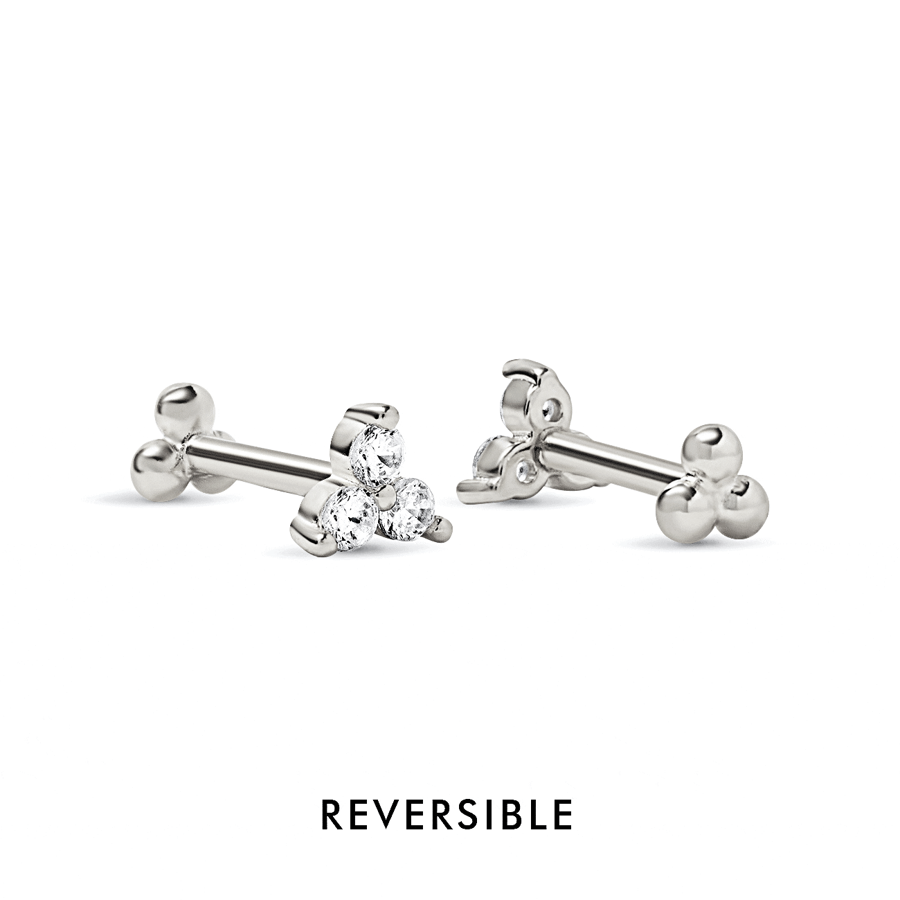 Sterling silver reversible flat back studs with white zirconia trio and beaded back, on a white background
