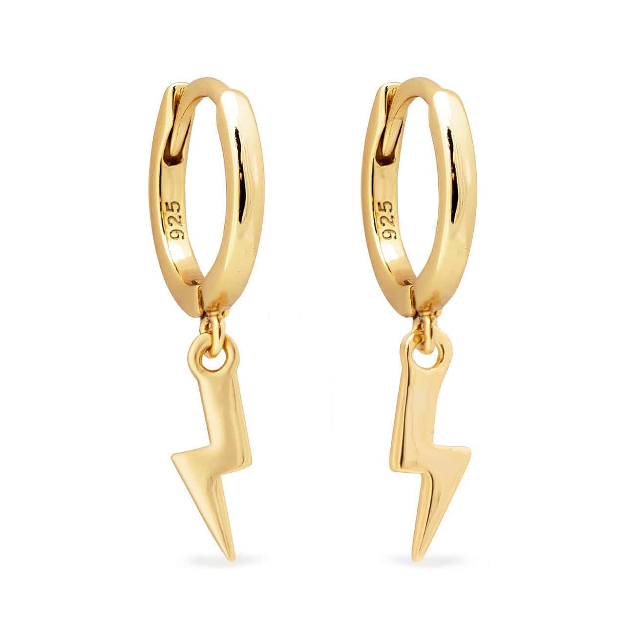 Gold vermeil huggie hoops with dangling lightning bolt charms, on a white background