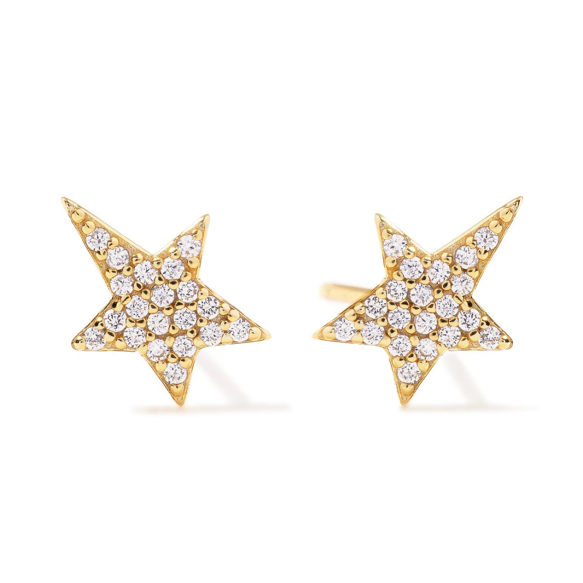 Gold vermeil pavé star stud earrings set with white zirconia, on a white background