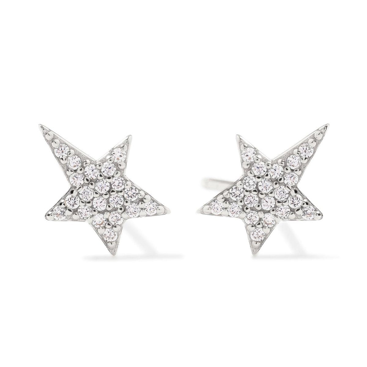 Sterling silver pavé star stud earrings set with white zirconia, on a white background