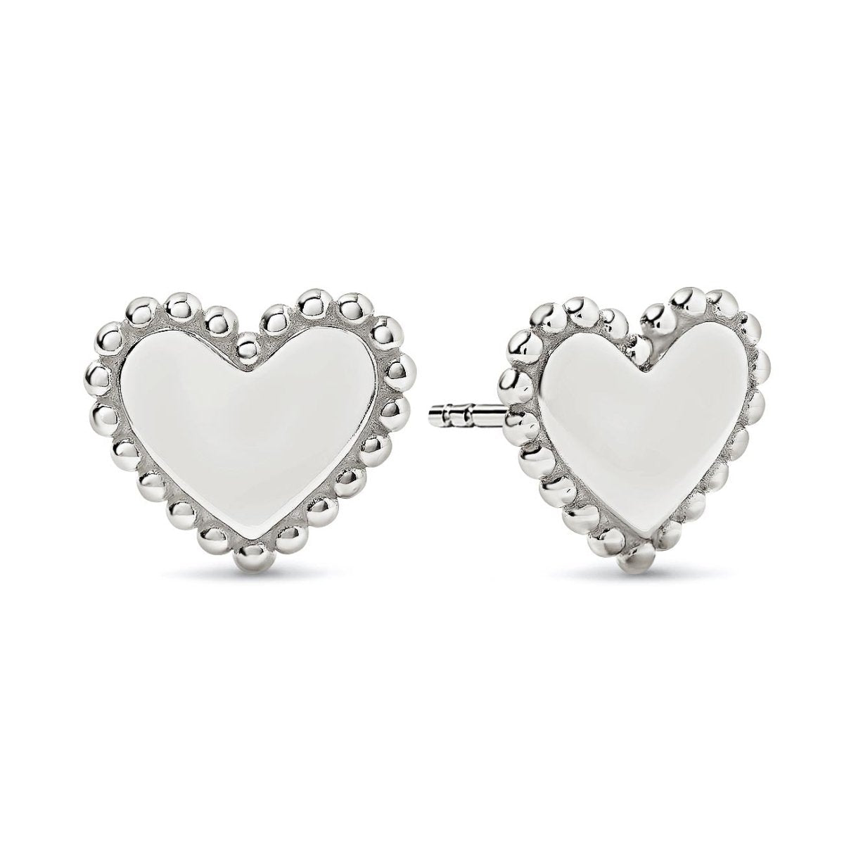 Pair of sterling silver heart studs with a beaded border, on a white background
