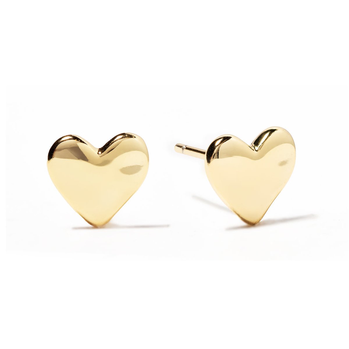 Pair of gold vermeil puffed heart stud earrings, on a white background