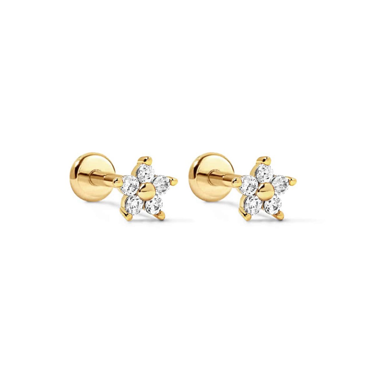 Gold vermeil flower flat back studs with clear white zirconia, close-up detail on a white background