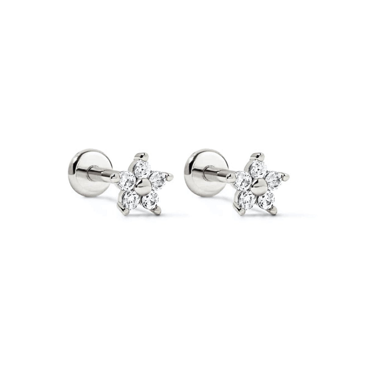 Sterling silver flower flat back studs with clear white zirconia, close-up detail on a white background