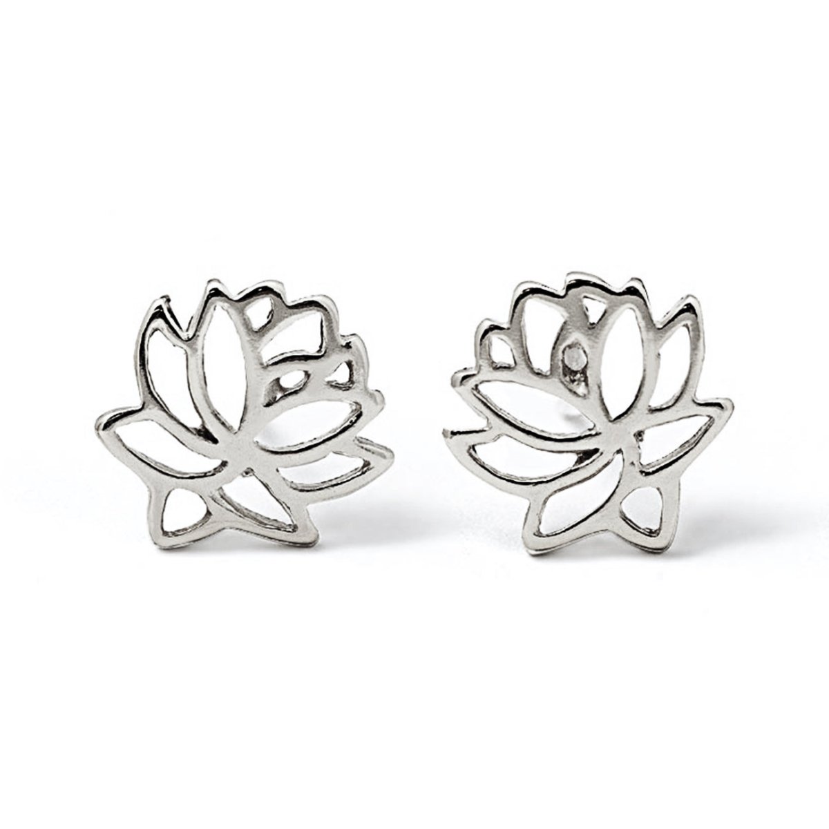 Sterling silver openwork lotus flower stud earrings, pair on a white background