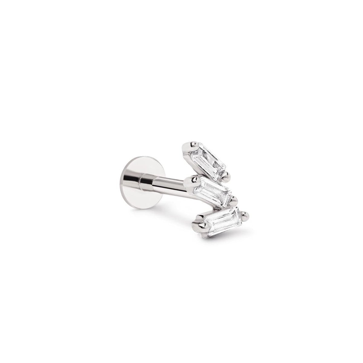 Sterling silver flat back stud with three clear baguette stones, on a white background