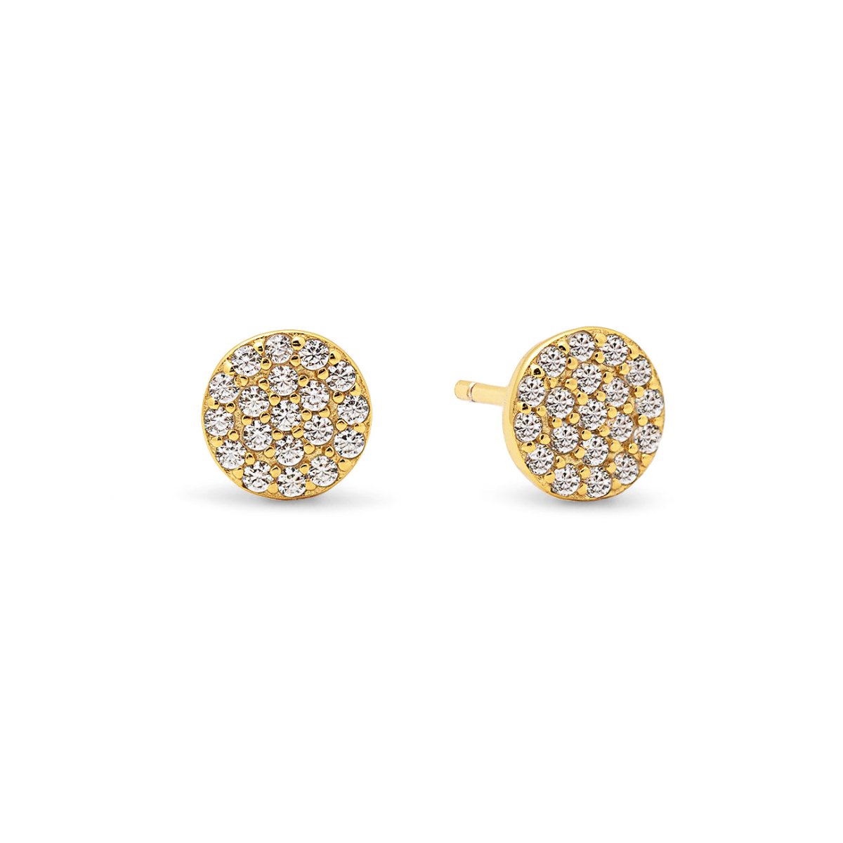 Gold vermeil pavé round stud earrings with white zirconia, on a white background