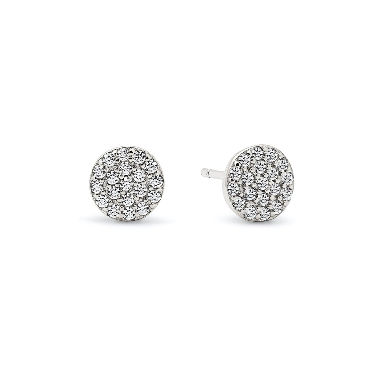 Sterling silver pavé round stud earrings with white zirconia, on a white background