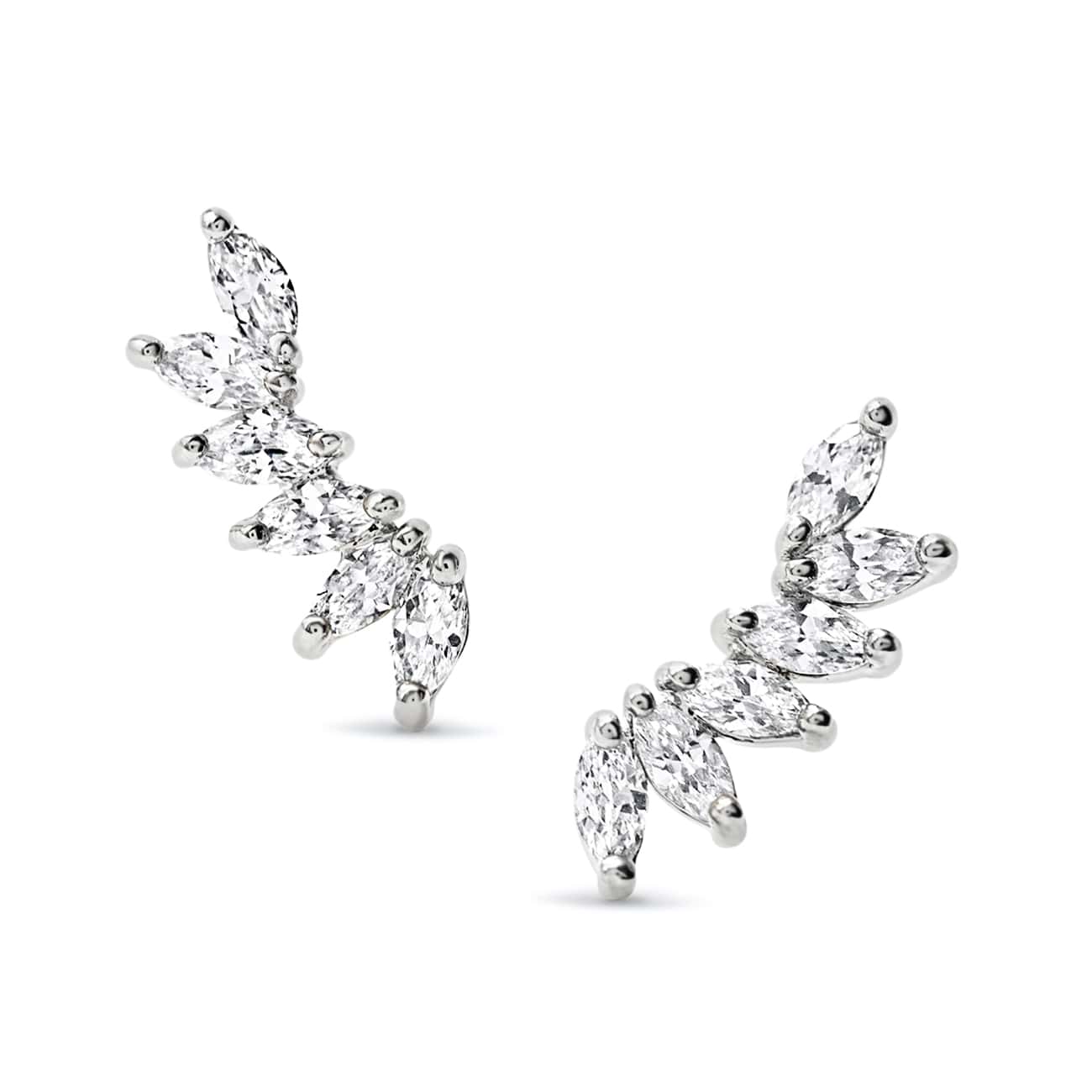 Sterling silver wing climber earrings with marquise white zirconia stones, on a white background