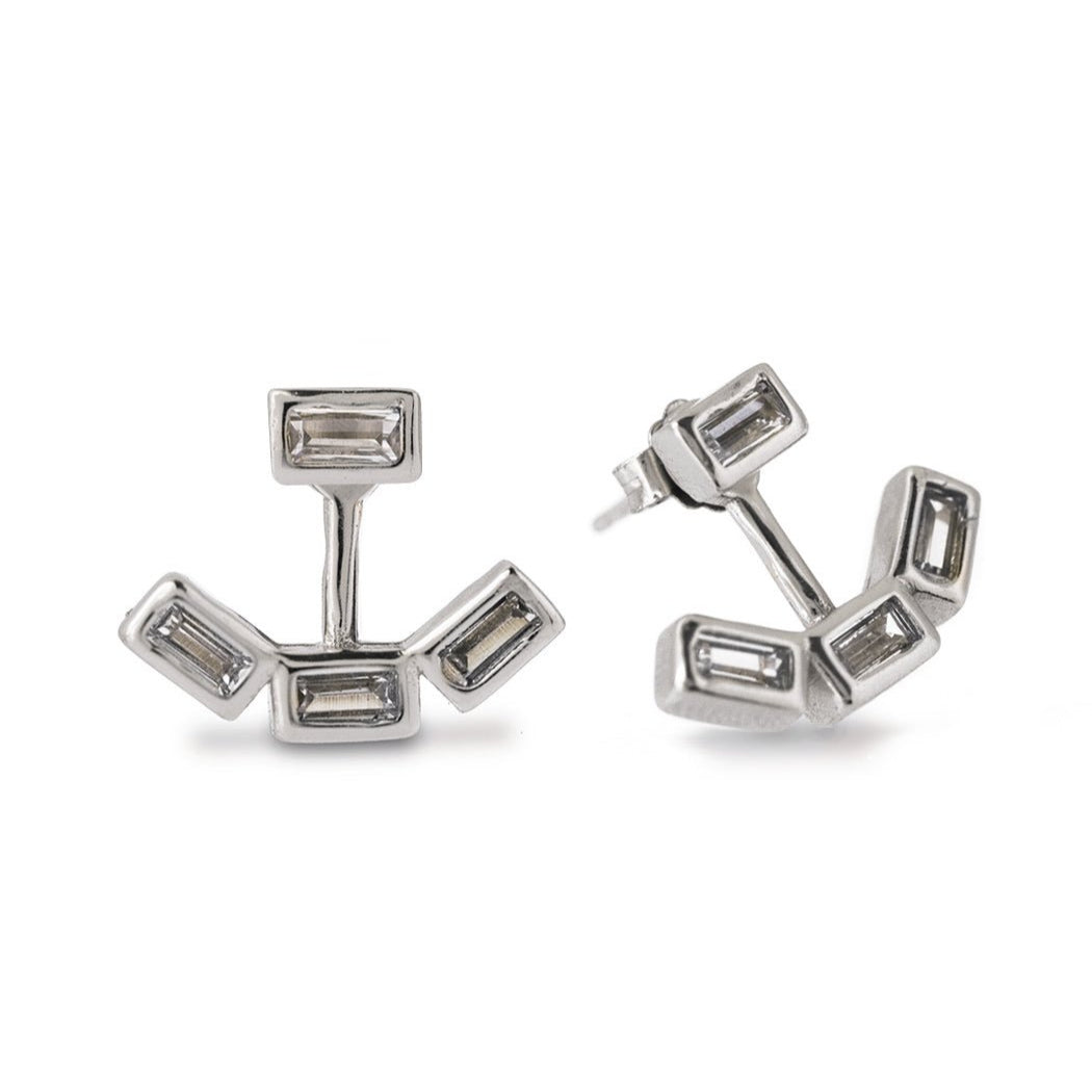 Sterling silver ear jacket with bezel-set baguette white zirconia, front and angled, on a white background