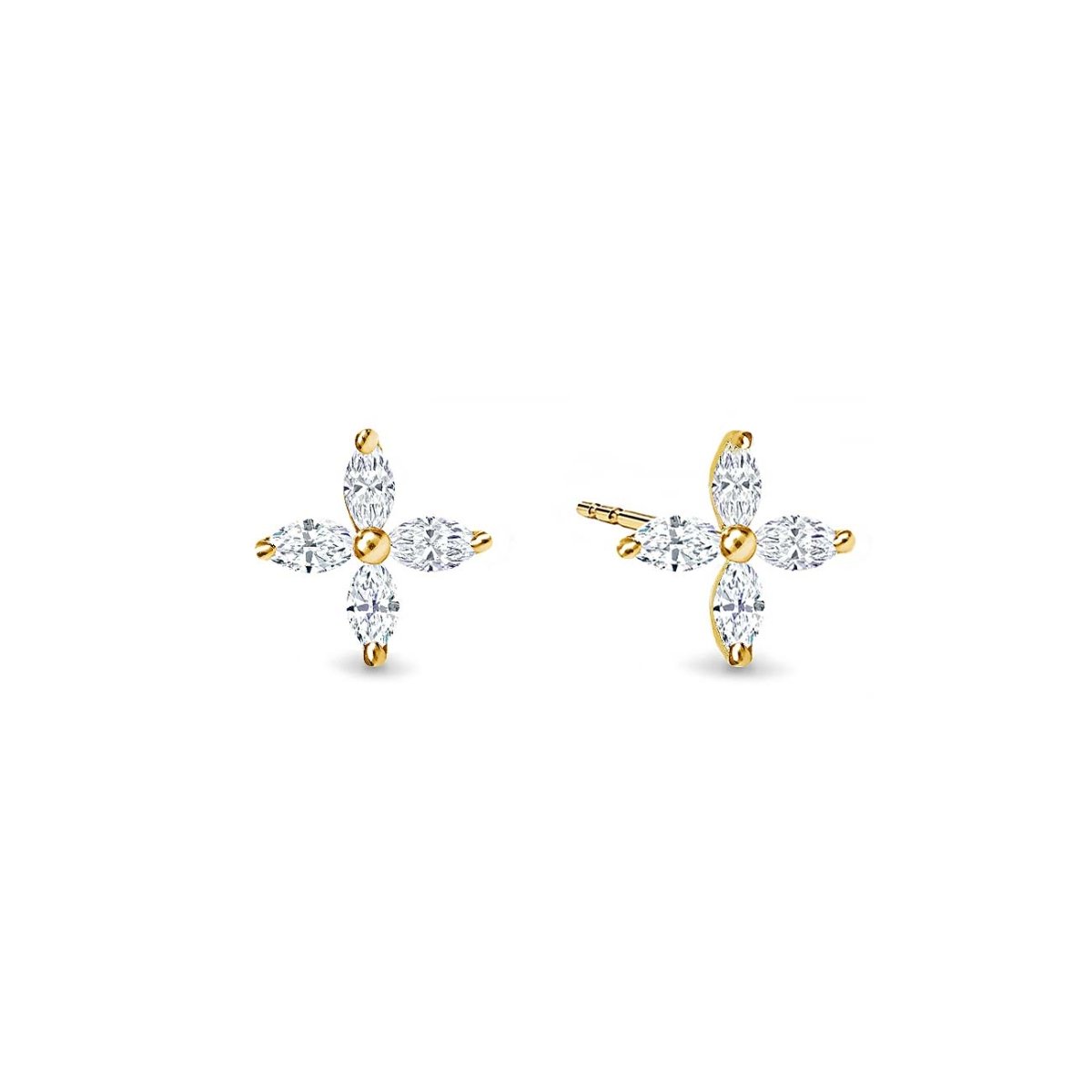Gold vermeil four-petal flower studs with clear marquise crystals, on a white background