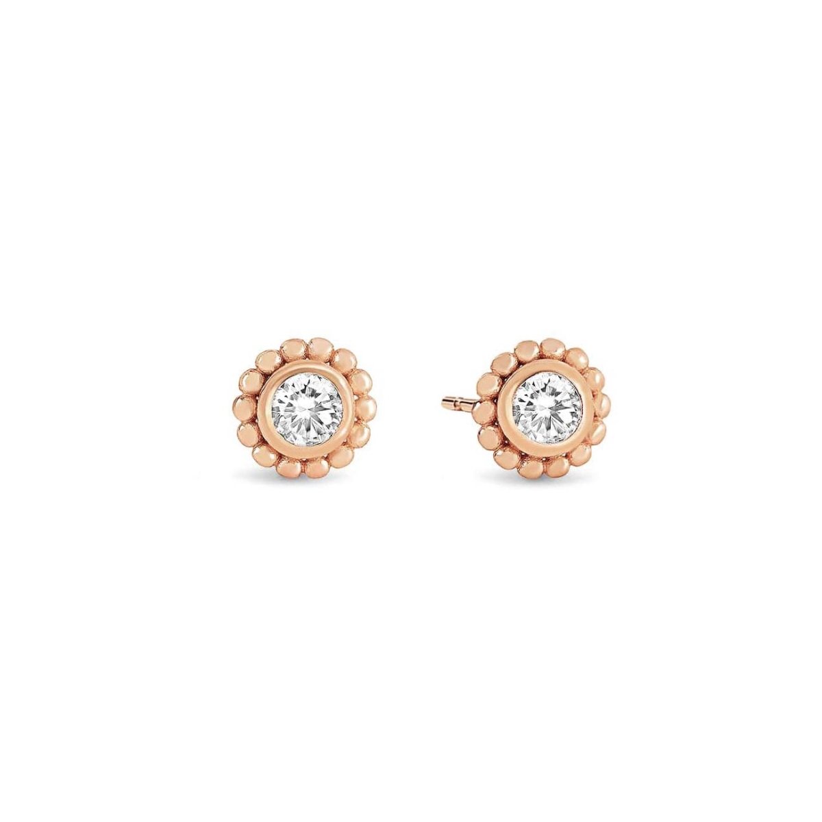 Rose gold vermeil beaded halo studs with round clear stones, on a white background