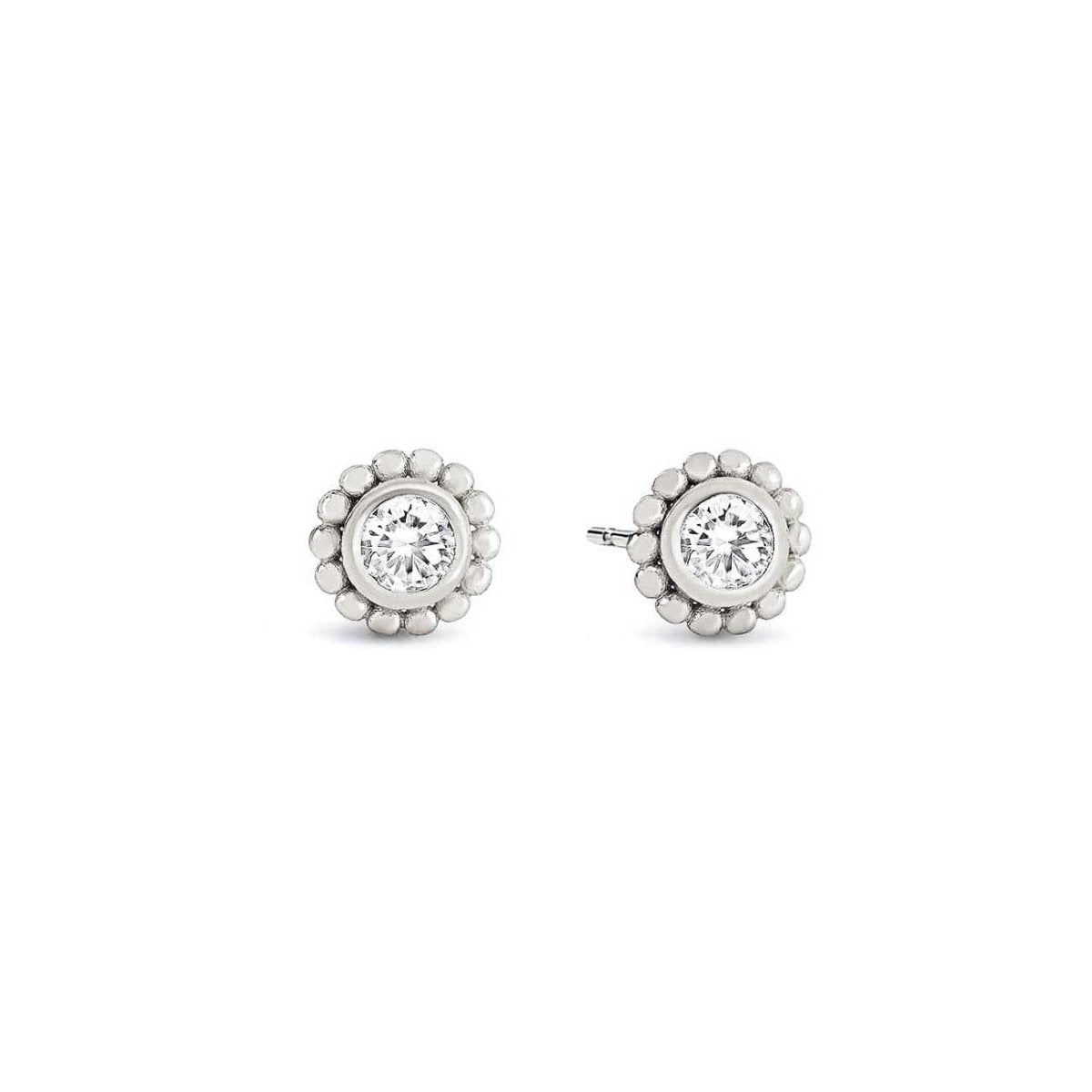 Sterling silver beaded halo studs with round clear stones, on a white background