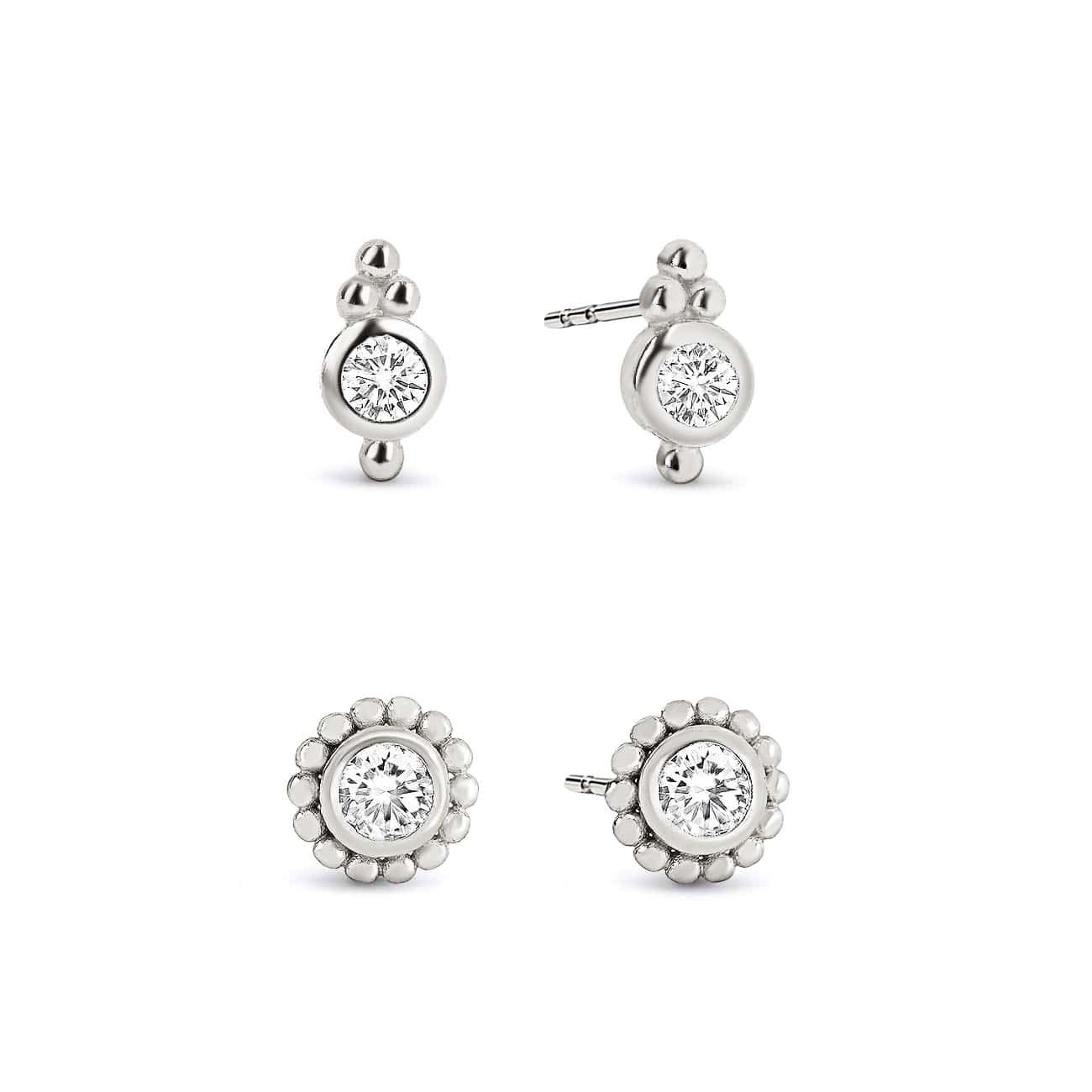 Sterling silver beaded studs set with round clear stones, shown front and side on a white background