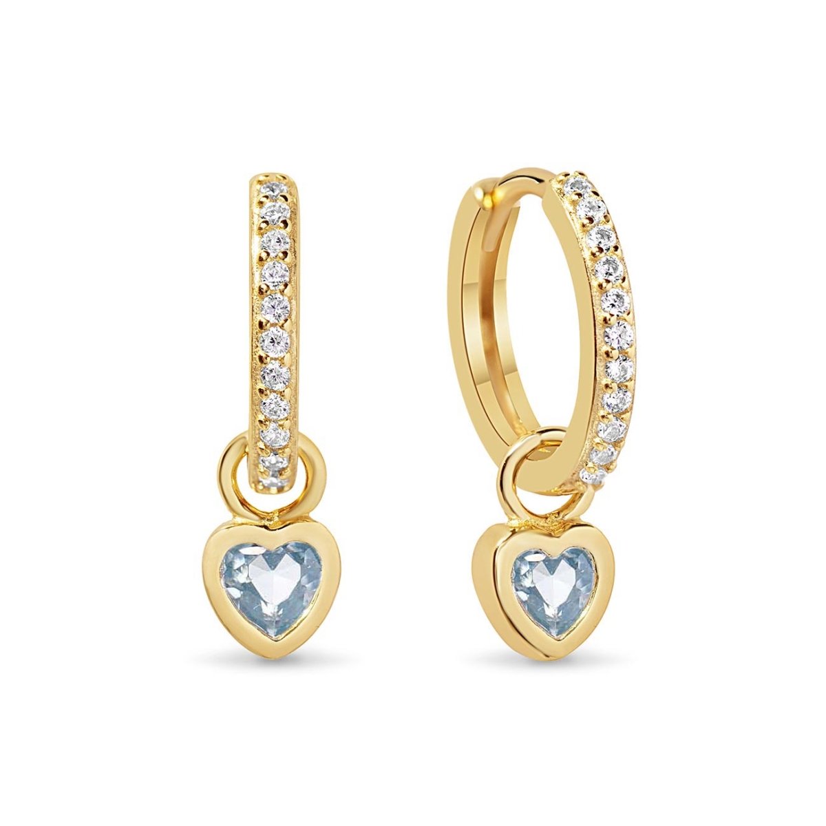 Gold vermeil pavé huggie hoops with bezel-set heart-cut aquamarine charms, on a white background