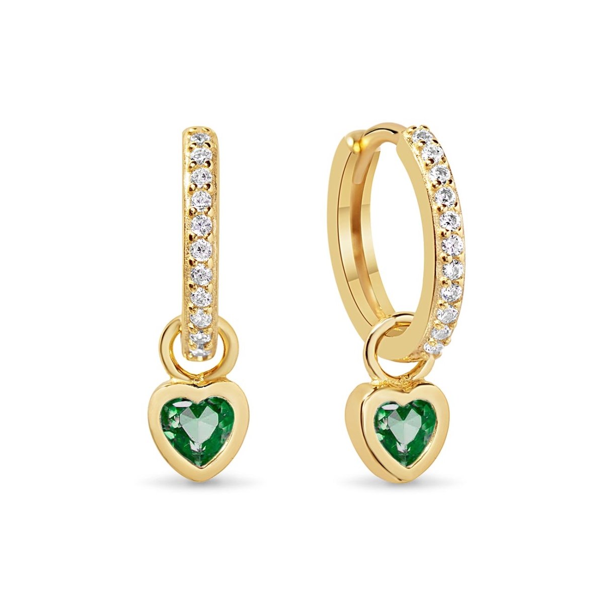 Gold vermeil pavé huggie hoops with bezel-set heart-cut emerald charms, on a white background