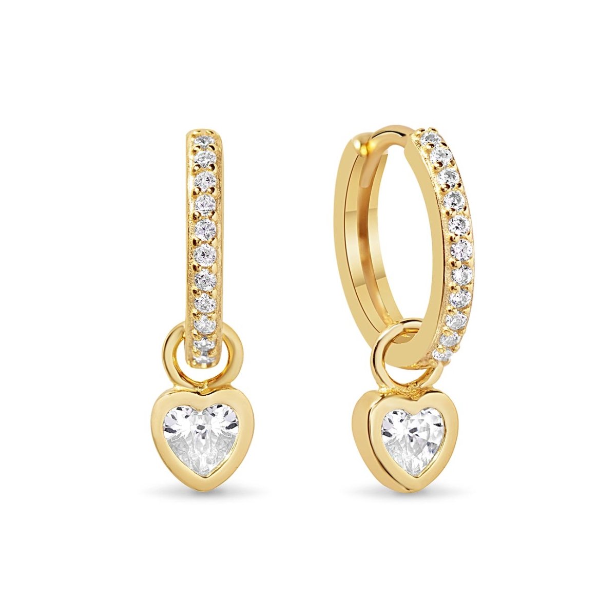 Gold vermeil pavé huggie hoops with clear heart charms, close-up detail on a white background