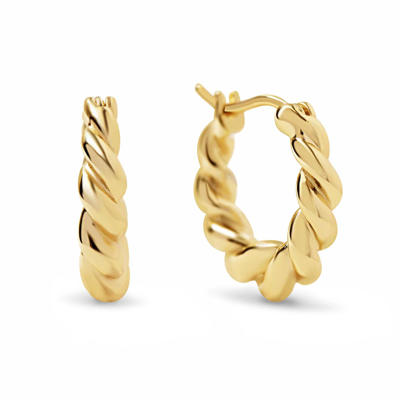 Pair of gold vermeil thick twisted rope huggie hoops, on a white background