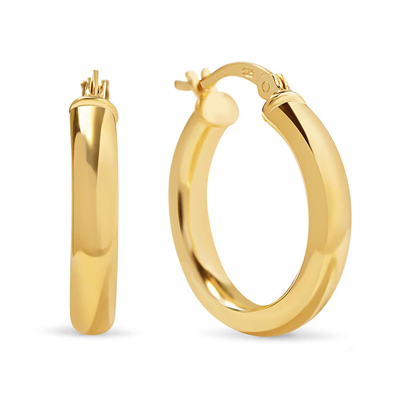 Gold vermeil thick tube hoop earrings with a hinged closure, on a white background