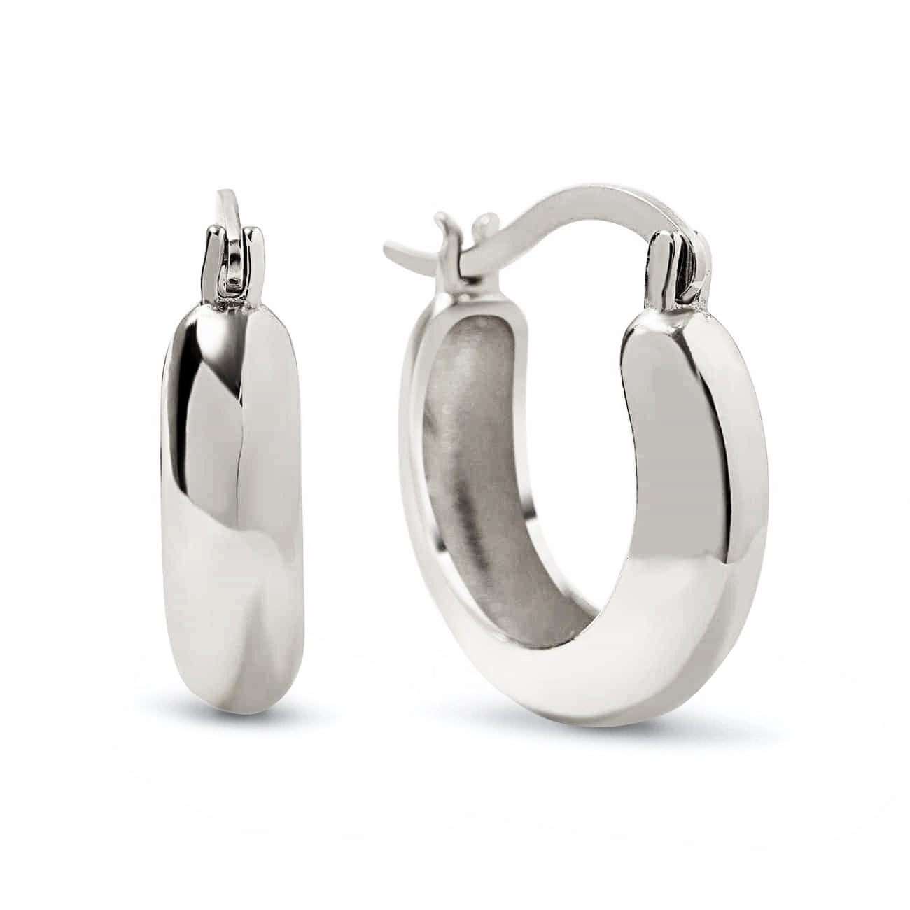 Sterling silver small thick hoop earrings shown in side and ring views on a white background